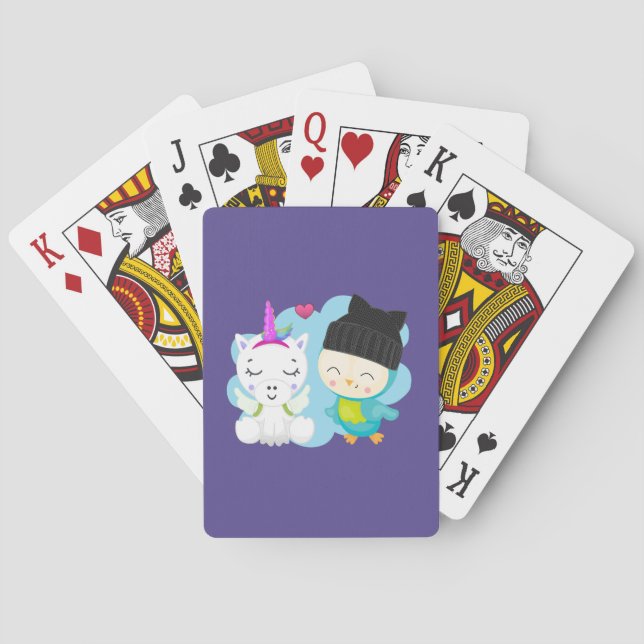 Cute Cartoon Pals -  Happy Unicorn & Bird Playing Cards (Back)
