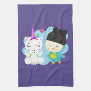 Cute Cartoon Pals -  Happy Unicorn & Bird Tea Towel