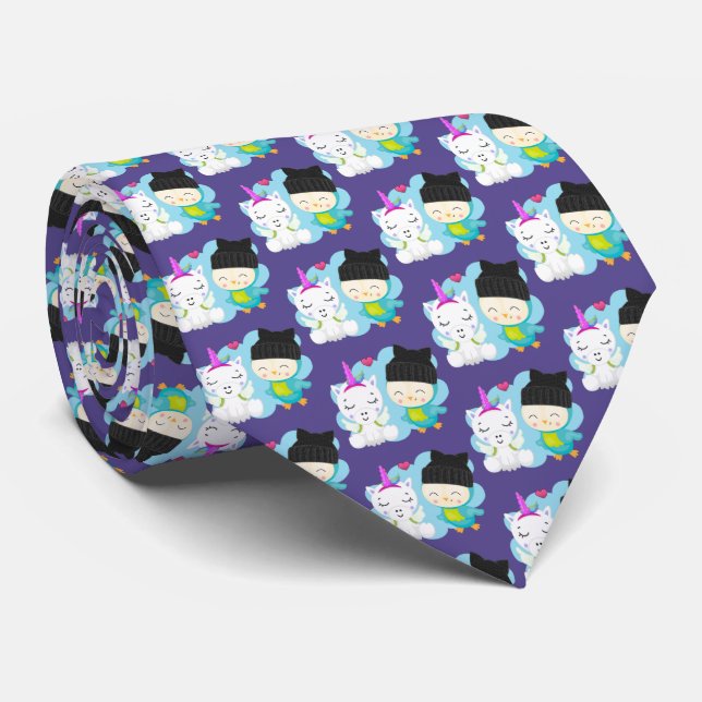 Cute Cartoon Pals -  Happy Unicorn & Bird Tie (Rolled)