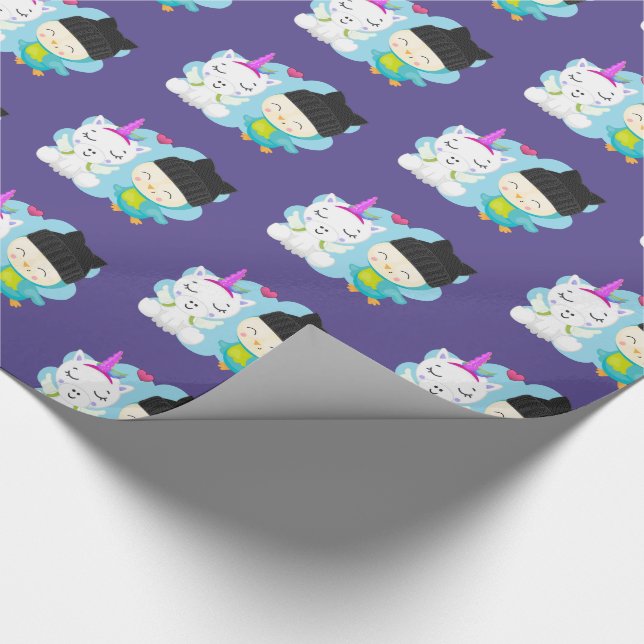 Cute Cartoon Pals -  Happy Unicorn & Bird Wrapping Paper (Corner)