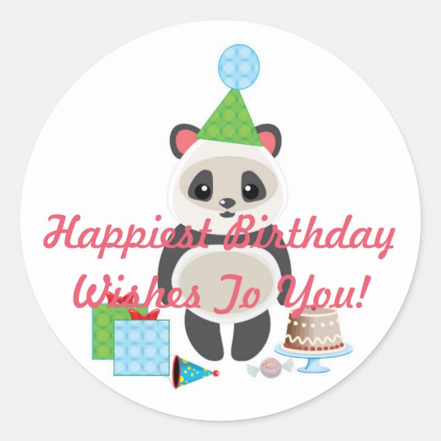 Cute Cartoon Panda Bear with Birthday Wishes Classic Round Sticker (Front)