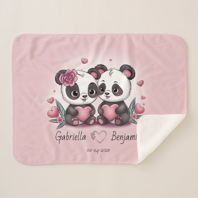 Cute Cartoon Panda Lovers Heart Valentine’s Day  Sherpa Blanket (Front (Horizontal))