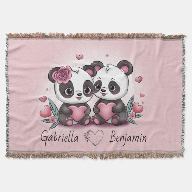 Cute Cartoon Panda Lovers Heart Valentine’s Day  Throw Blanket (Front)