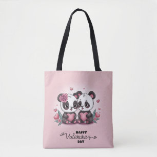 Cute Cartoon Panda Lovers Heart Valentine’s Day Tote Bag