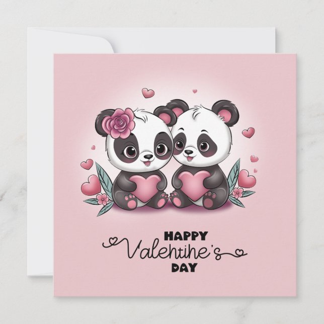 Cute Cartoon Panda Lovers Hearts Valentine’s Day Holiday Card (Front)