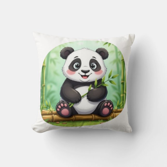 Cute Cartoon Panda on Bamboo Patch Cushion (Front)