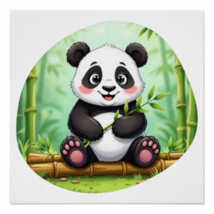 Cute Cartoon Panda on Bamboo Patch Poster