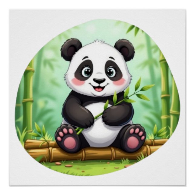 Cute Cartoon Panda on Bamboo Patch Poster (Front)