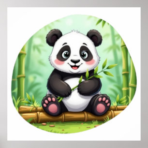 Cute Cartoon Panda on Bamboo Patch Poster
