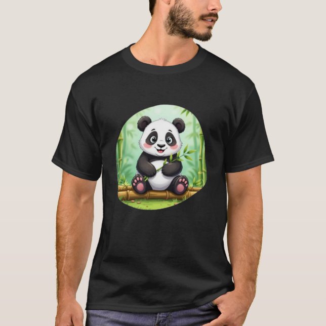 Cute Cartoon Panda on Bamboo Patch T-Shirt (Front)