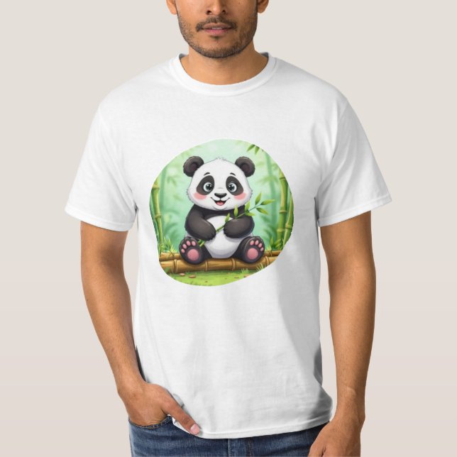 Cute Cartoon Panda on Bamboo Patch T-Shirt (Front)