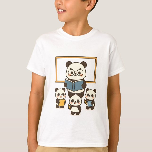 Cute Cartoon Panda Teacher and Students for School T-Shirt (Front)