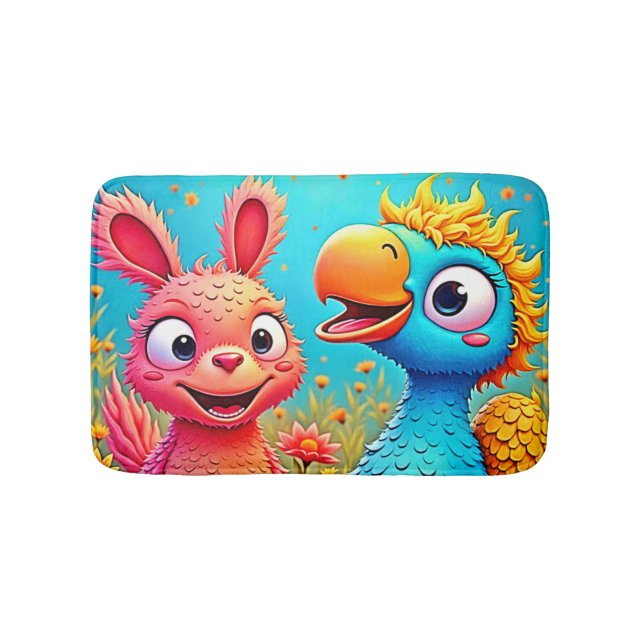 Cute Cartoon Parrot Bunny Art Bath Mat (Front)