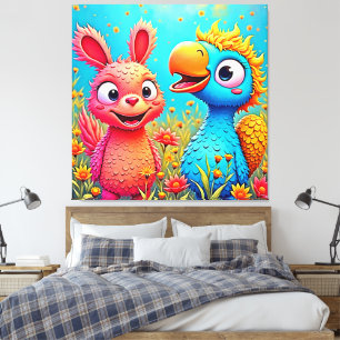 Cute Cartoon Parrot Bunny Art Canvas Print