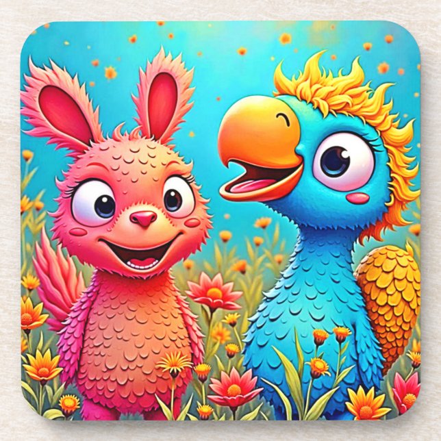 Cute Cartoon Parrot Bunny Art Coaster (Front)