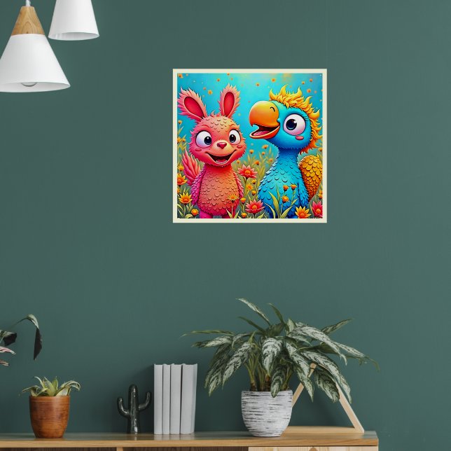 Cute Cartoon Parrot Bunny Art Poster (Living Room 1)