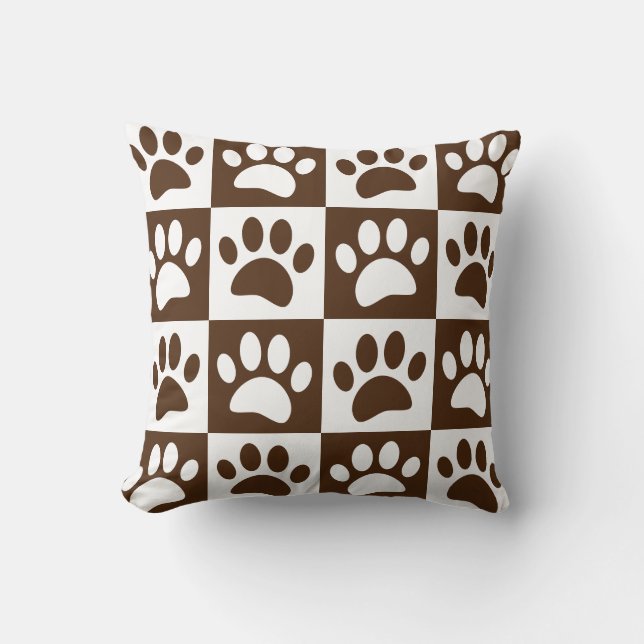 Cute Cartoon Paw Prints Brown Chequerboard Cushion (Front)