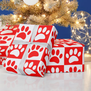Cute Cartoon Paw Prints Chequerboard Bright Colour Wrapping Paper