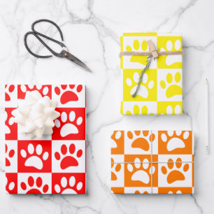 Cute Cartoon Paw Prints Chequerboard Bright Colour Wrapping Paper Sheet