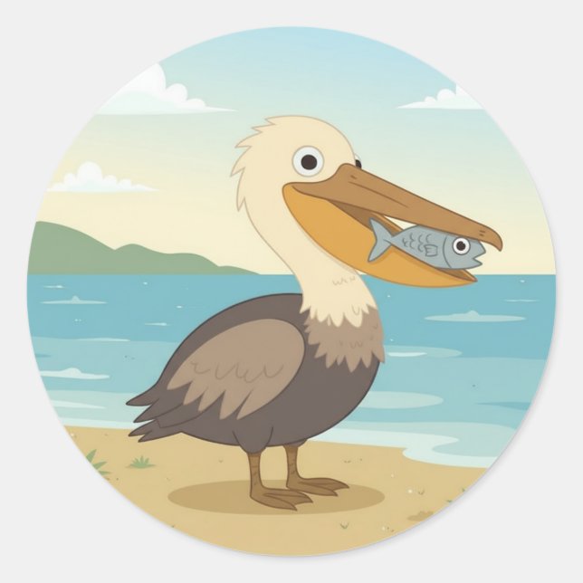 Cute Cartoon Pelican, sea bird Classic Round Sticker (Front)