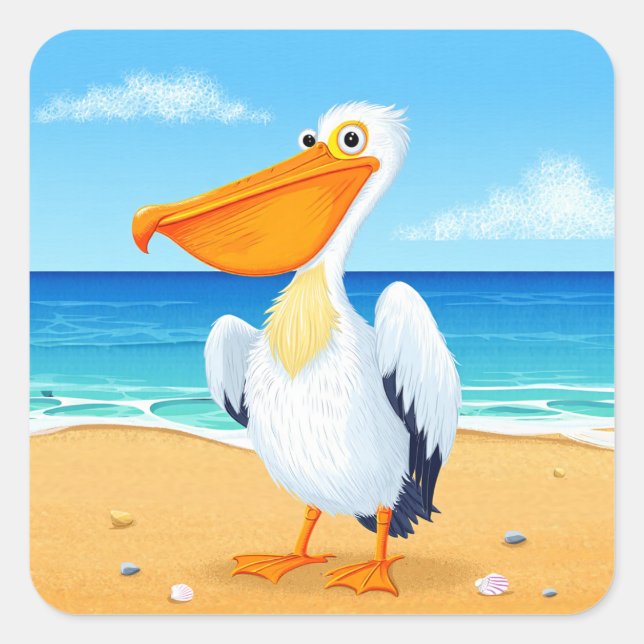 Cute Cartoon Pelican, sea bird Square Sticker (Front)