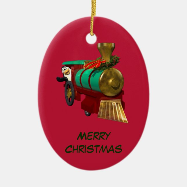 Cute Cartoon Penguin and Christmas Train Ceramic Tree Decoration (Front)