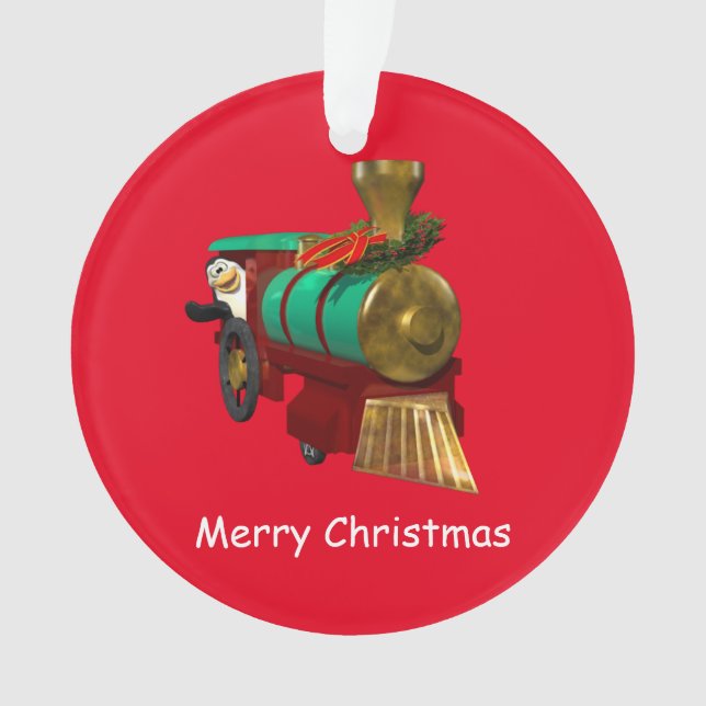 Cute Cartoon Penguin and Christmas Train Ornament (Front)