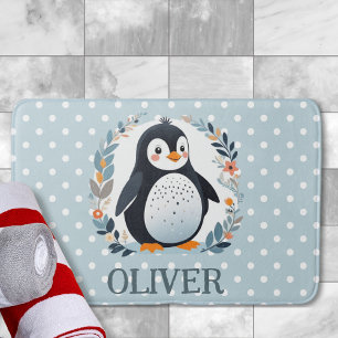 Cute Cartoon Penguin and Flowers Bath Mat