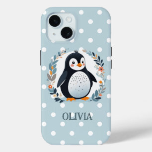 Cute Cartoon Penguin and Flowers iPhone 15 Case