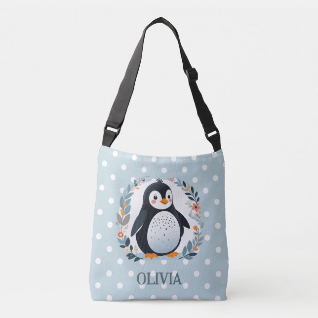 Cute Cartoon Penguin and Flowers Crossbody Bag (Front)