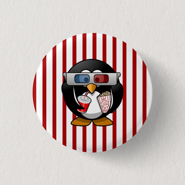 Cute Cartoon Penguin at the Movies With Stripes 3 Cm Round Badge (Front)