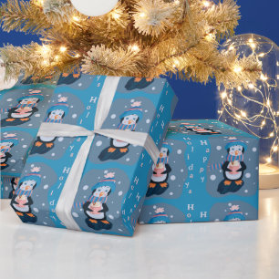 Cute Cartoon Penguin Blue Holidays Wrapping Paper