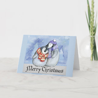 Cute Cartoon Penguin Couple Merry Christmas Wish Card