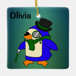 Cute cartoon penguin dark emerald green ceramic ornament