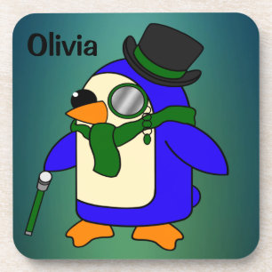 Cute cartoon penguin dark teal emerald green coaster