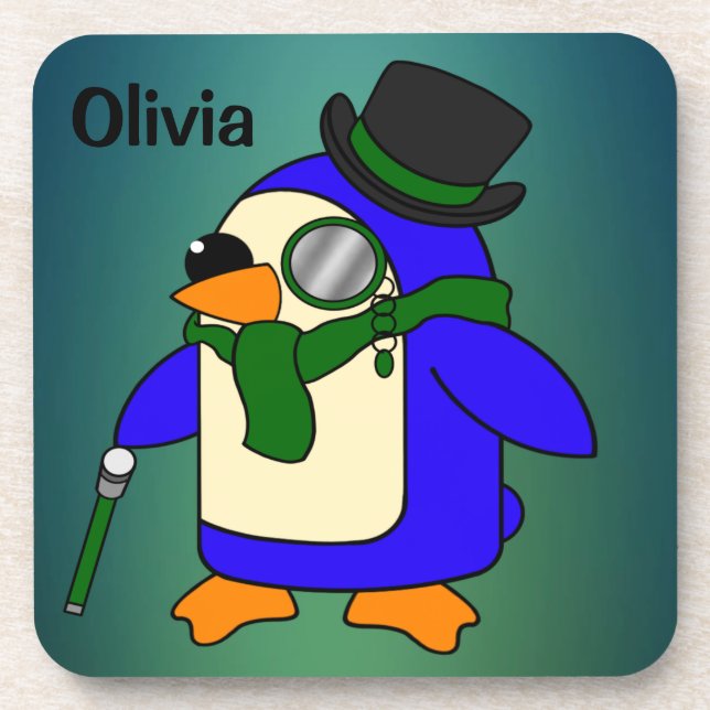 Cute cartoon penguin dark teal emerald green coaster (Front)