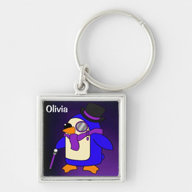 Cute cartoon penguin deep purple violet key ring (Front)