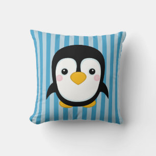 Cute Cartoon Penguin Design Blue Stripes Pattern Cushion