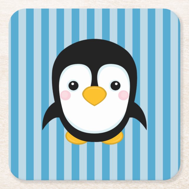 Cute Cartoon Penguin Design Blue Stripes Pattern Square Paper Coaster (Front)