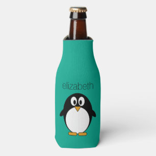 cute cartoon penguin emerald and black bottle cooler