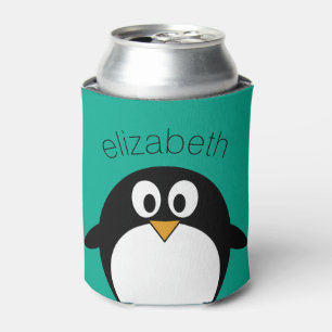 cute cartoon penguin emerald and black can cooler