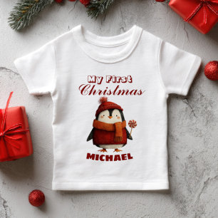 Cute Cartoon Penguin First Christmas Custom Name  Baby T-Shirt