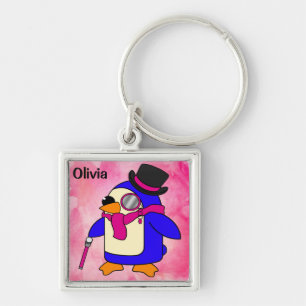 Cute cartoon penguin flowery pastel pink key ring