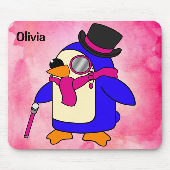 Cute cartoon penguin flowery pastel pink mouse mat (Front)