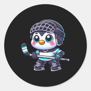 Cute Cartoon Penguin Ice Hockey Player Classic Round Sticker