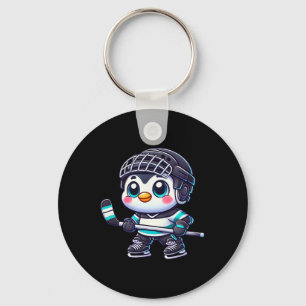 Cute Cartoon Penguin Ice Hockey Player Key Ring