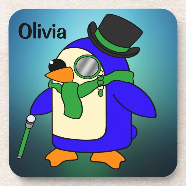 Cute cartoon penguin light teal emerald green coaster (Front)