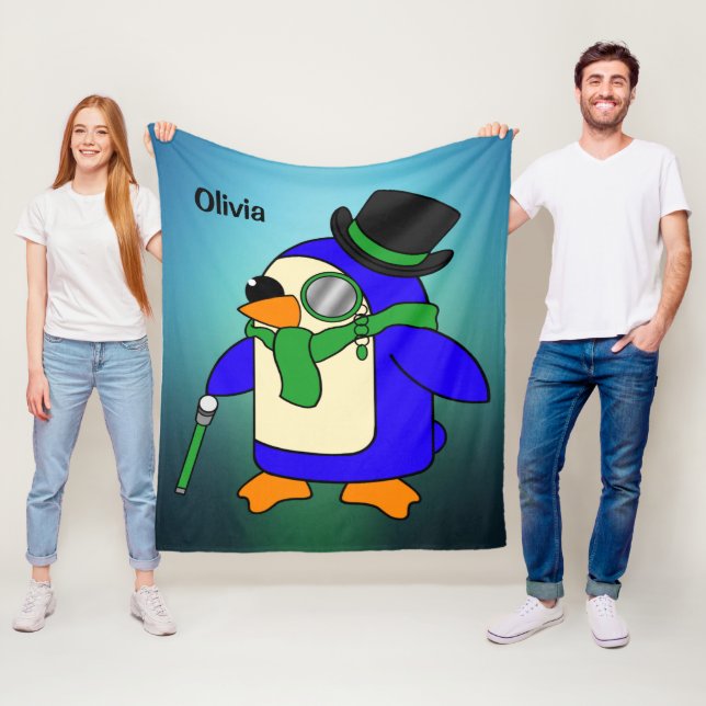 Cute cartoon penguin light teal emerald green fleece blanket (In Situ)