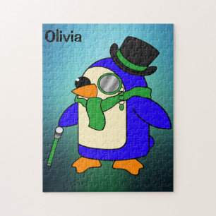 Cute cartoon penguin light teal emerald green jigsaw puzzle
