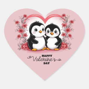 Cute Cartoon Penguin Lovers Heart Valentine’s Day Sticker